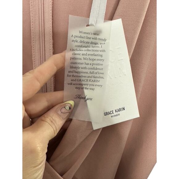 Grace Karin Pink & Black Classic V-Neckline Long Sleeve Form Fitting Wrap Dress - Picture 12 of 12